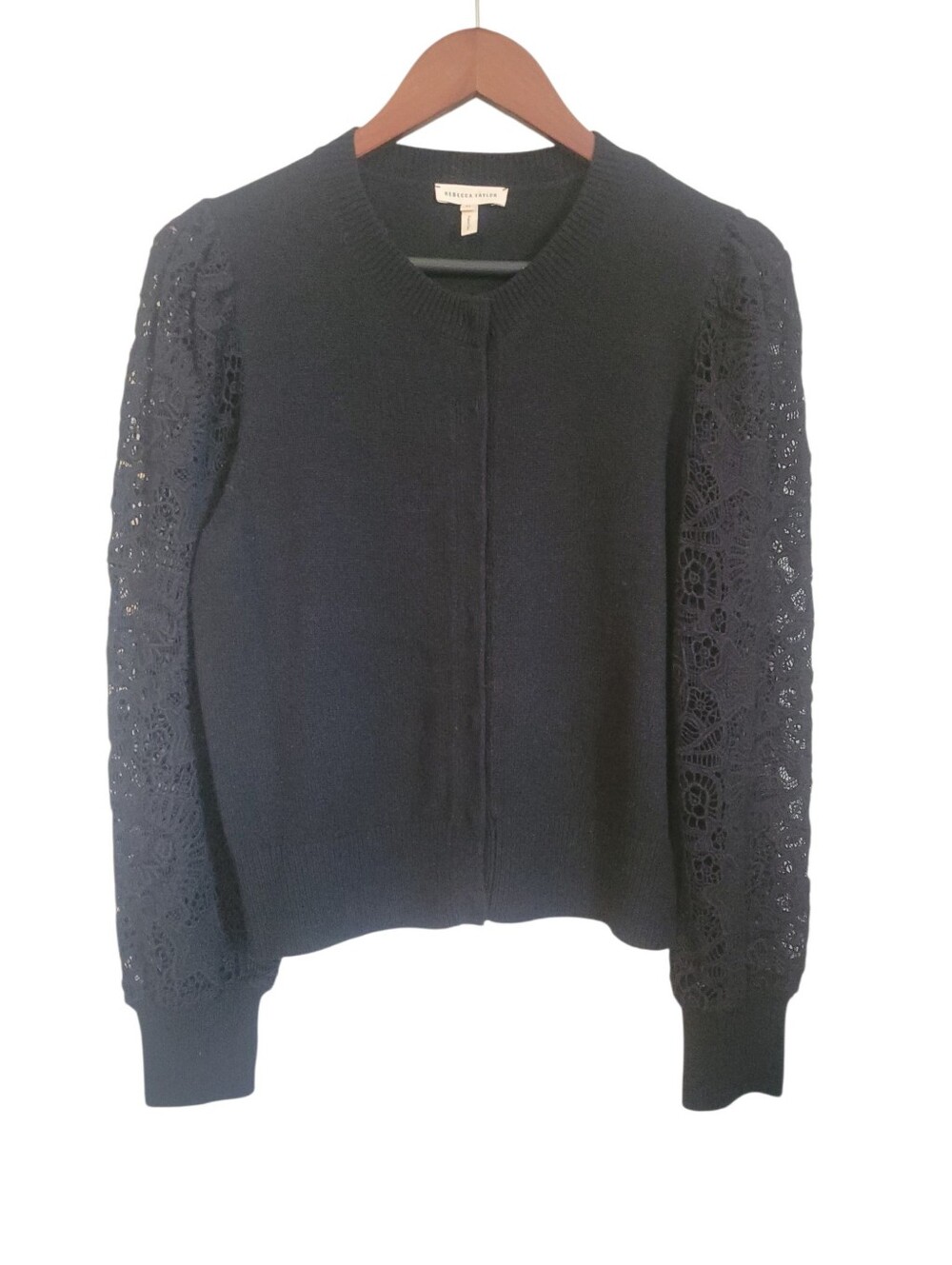 Rebecca Taylor Black Merino Wool Blend Lace Sleeve Cardigan Sweater Romantic Med